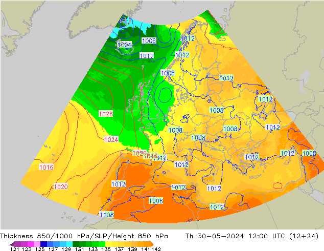 Espesor 850-1000 hPa UK-Global jue 30.05.2024 12 UTC