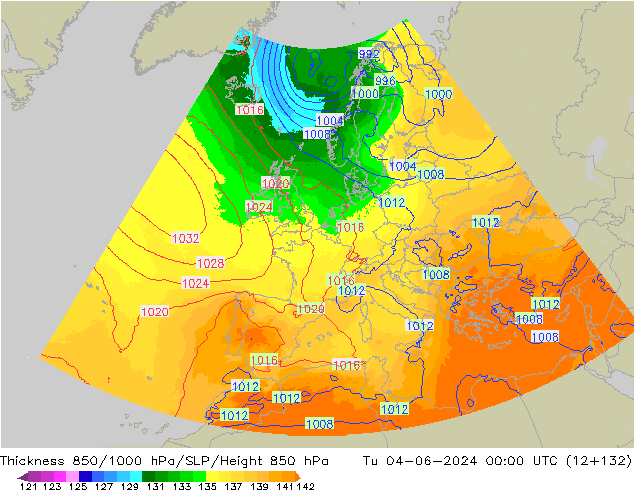 Dikte 850-1000 hPa UK-Global di 04.06.2024 00 UTC