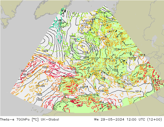 Theta-e 700hPa UK-Global St 29.05.2024 12 UTC