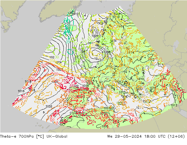 Theta-e 700hPa UK-Global Mi 29.05.2024 18 UTC