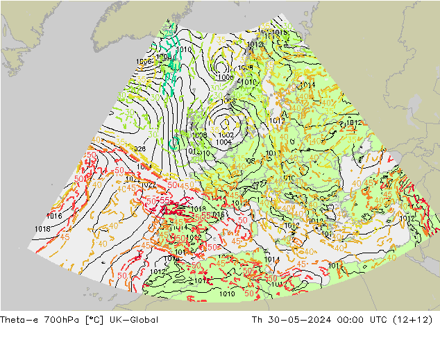 Theta-e 700hPa UK-Global Th 30.05.2024 00 UTC