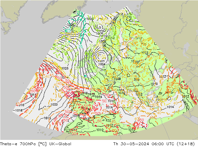 Theta-e 700hPa UK-Global Čt 30.05.2024 06 UTC