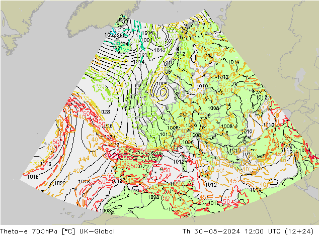 Theta-e 700hPa UK-Global Do 30.05.2024 12 UTC