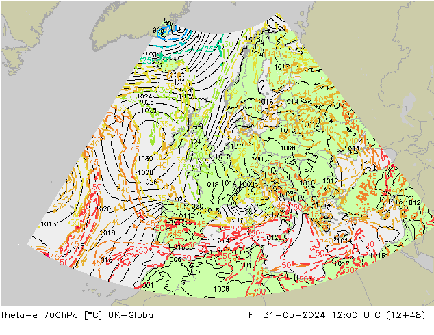 Theta-e 700hPa UK-Global Fr 31.05.2024 12 UTC