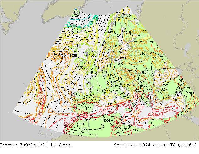 Theta-e 700гПа UK-Global сб 01.06.2024 00 UTC