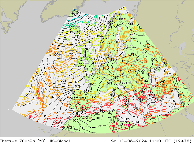 Theta-e 700hPa UK-Global sab 01.06.2024 12 UTC