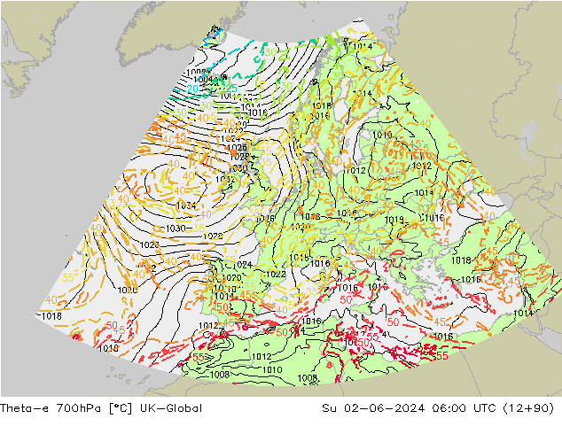 Theta-e 700hPa UK-Global  02.06.2024 06 UTC