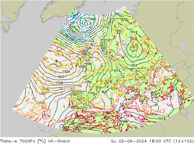 Theta-e 700hPa UK-Global Paz 02.06.2024 18 UTC