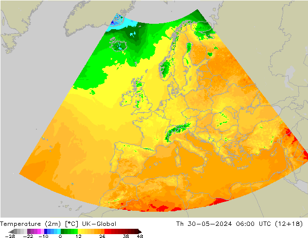 Temperature (2m) UK-Global Čt 30.05.2024 06 UTC