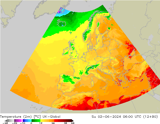 Temperatura (2m) UK-Global dom 02.06.2024 06 UTC