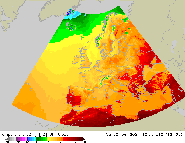 Temperatuurkaart (2m) UK-Global zo 02.06.2024 12 UTC
