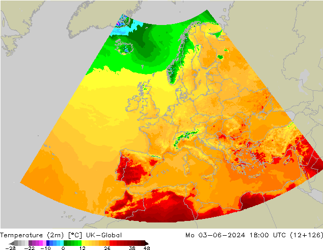 Temperature (2m) UK-Global Po 03.06.2024 18 UTC