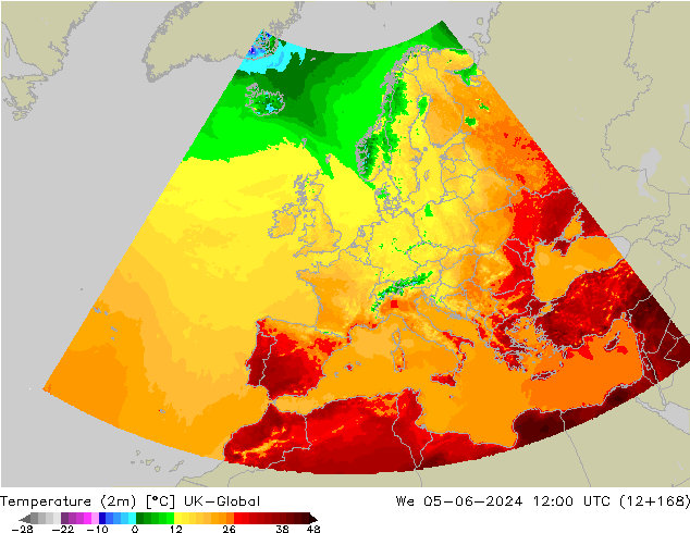 température (2m) UK-Global mer 05.06.2024 12 UTC