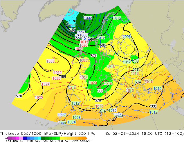 Thck 500-1000hPa UK-Global nie. 02.06.2024 18 UTC