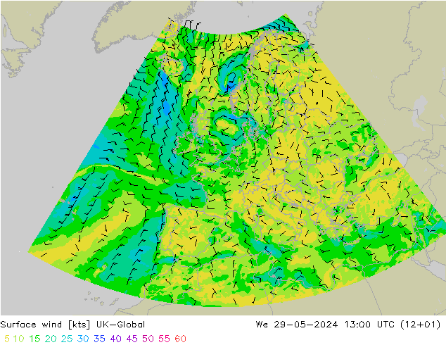 Surface wind UK-Global We 29.05.2024 13 UTC