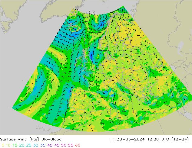 Surface wind UK-Global Th 30.05.2024 12 UTC