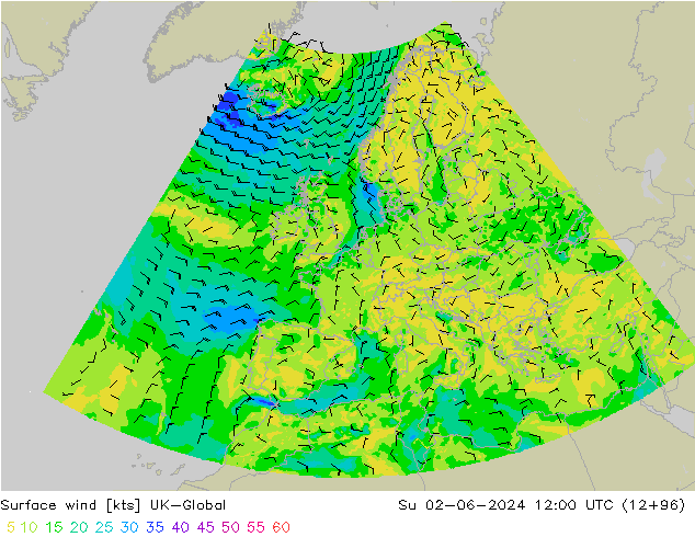 Vento 10 m UK-Global dom 02.06.2024 12 UTC