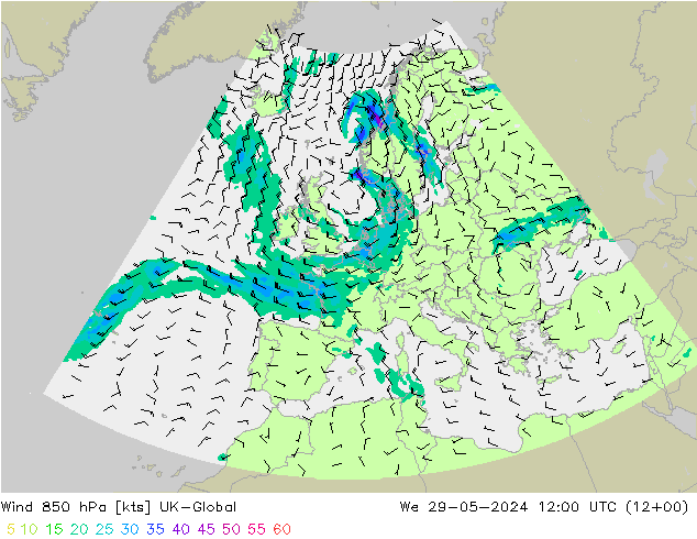 Wind 850 hPa UK-Global wo 29.05.2024 12 UTC