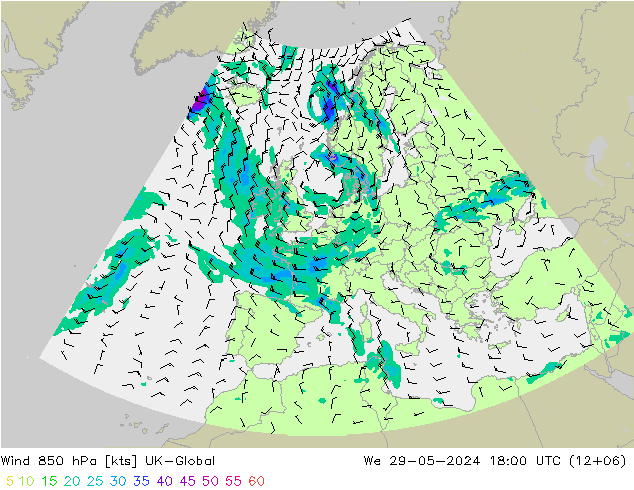 Wind 850 hPa UK-Global wo 29.05.2024 18 UTC