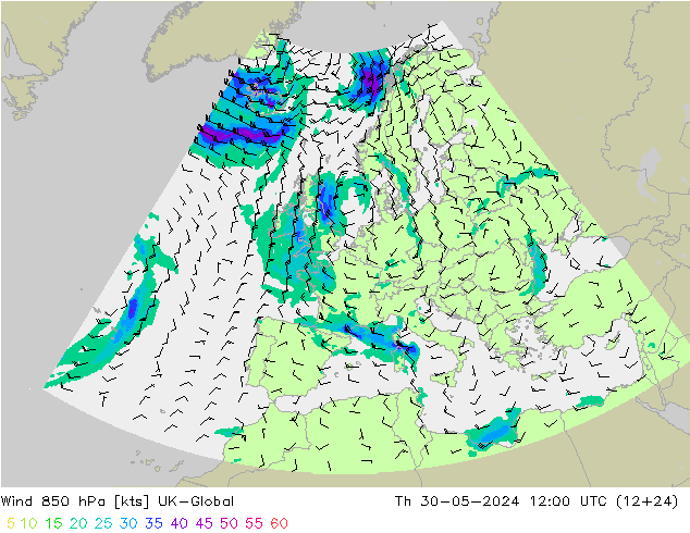 Wind 850 hPa UK-Global do 30.05.2024 12 UTC