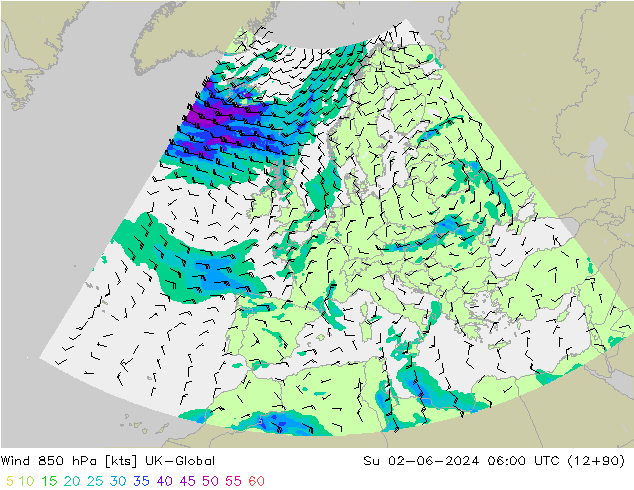 Wind 850 hPa UK-Global Su 02.06.2024 06 UTC