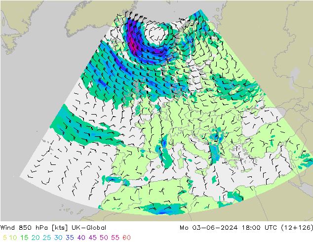 Wind 850 hPa UK-Global Mo 03.06.2024 18 UTC