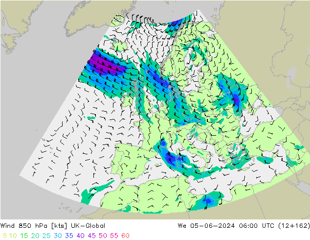 Vento 850 hPa UK-Global mer 05.06.2024 06 UTC