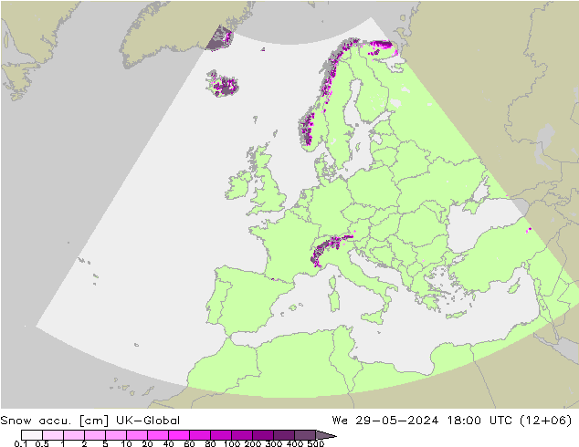 Snow accu. UK-Global mer 29.05.2024 18 UTC
