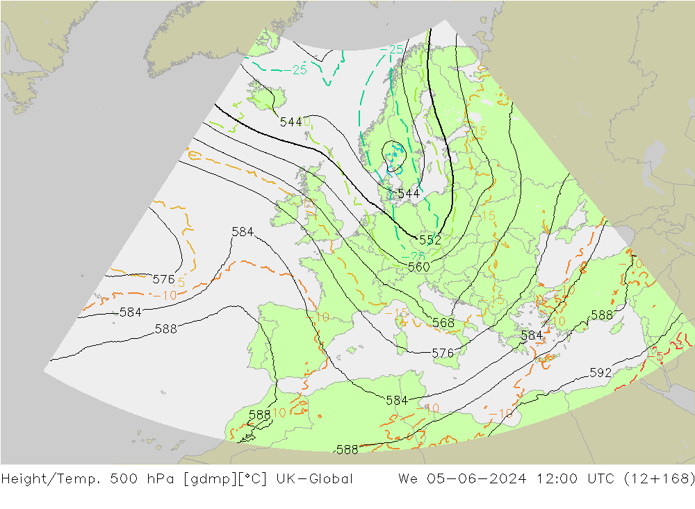 Height/Temp. 500 hPa UK-Global Mi 05.06.2024 12 UTC