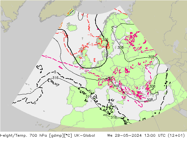 Height/Temp. 700 hPa UK-Global St 29.05.2024 13 UTC