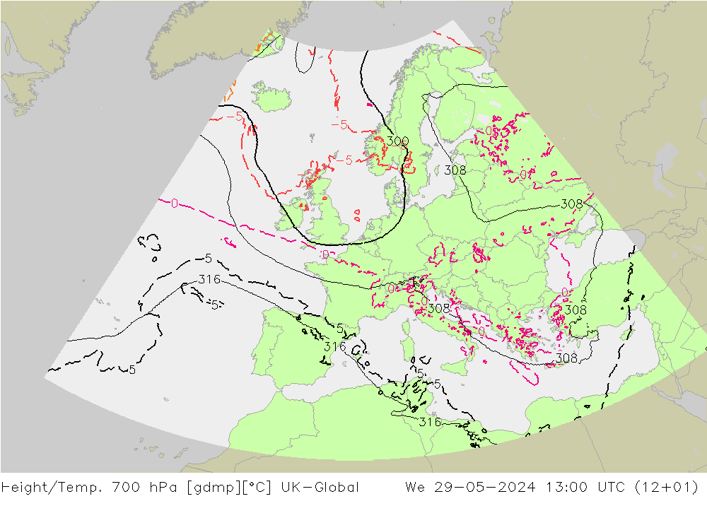 Height/Temp. 700 hPa UK-Global mer 29.05.2024 13 UTC