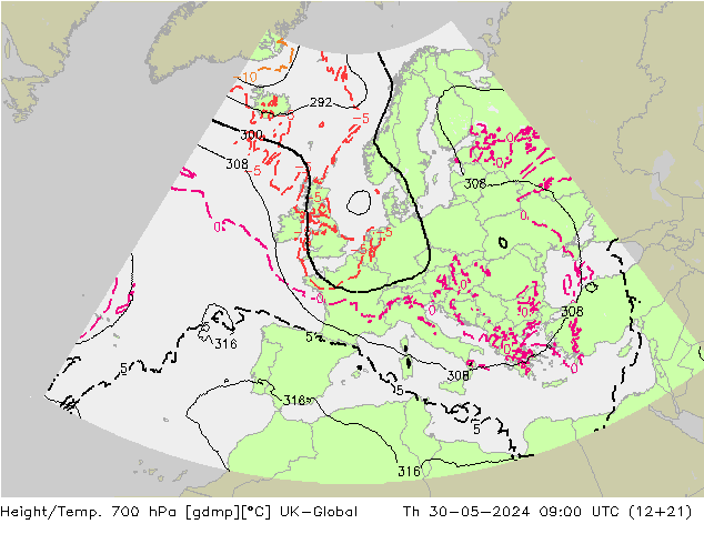 Height/Temp. 700 hPa UK-Global  30.05.2024 09 UTC