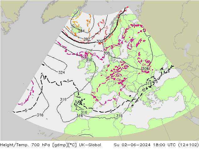 Height/Temp. 700 hPa UK-Global Su 02.06.2024 18 UTC