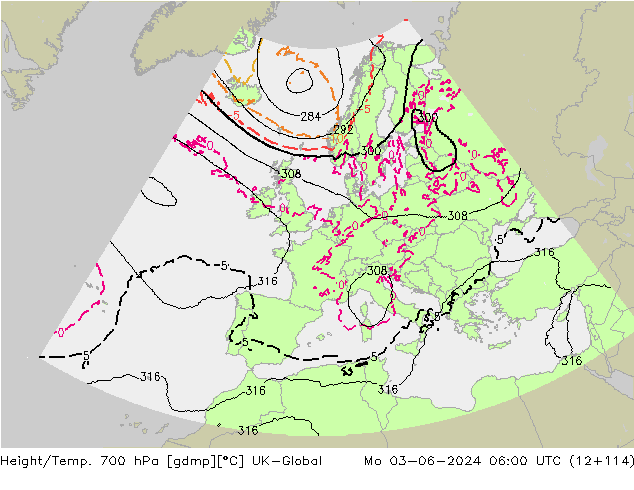 Height/Temp. 700 hPa UK-Global Mo 03.06.2024 06 UTC