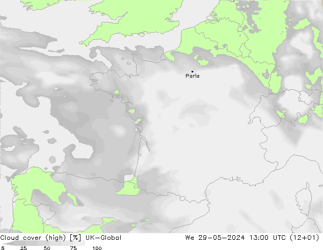 Cloud cover (high) UK-Global We 29.05.2024 13 UTC