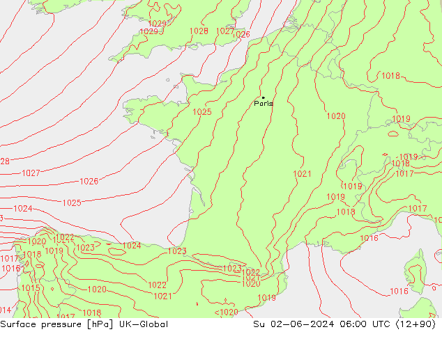 Pressione al suolo UK-Global dom 02.06.2024 06 UTC