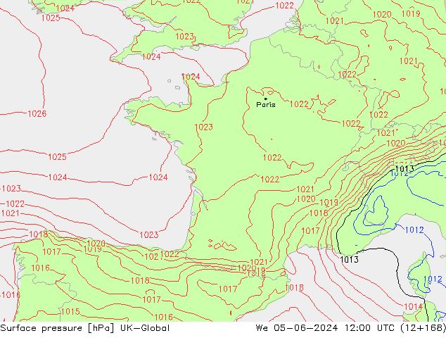 Pressione al suolo UK-Global mer 05.06.2024 12 UTC