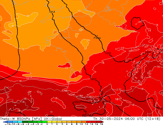 Theta-W 850hPa UK-Global Čt 30.05.2024 06 UTC