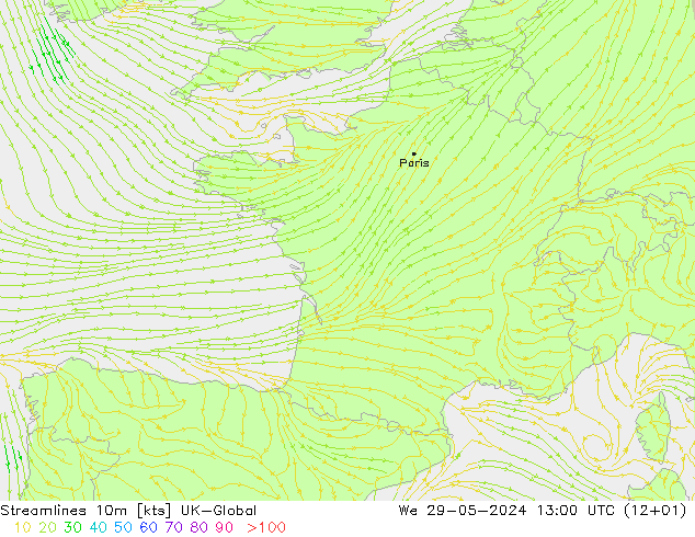 Streamlines 10m UK-Global We 29.05.2024 13 UTC