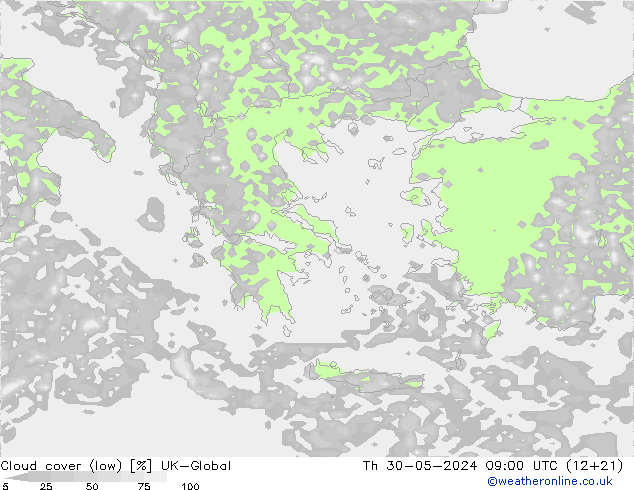 Cloud cover (low) UK-Global Th 30.05.2024 09 UTC