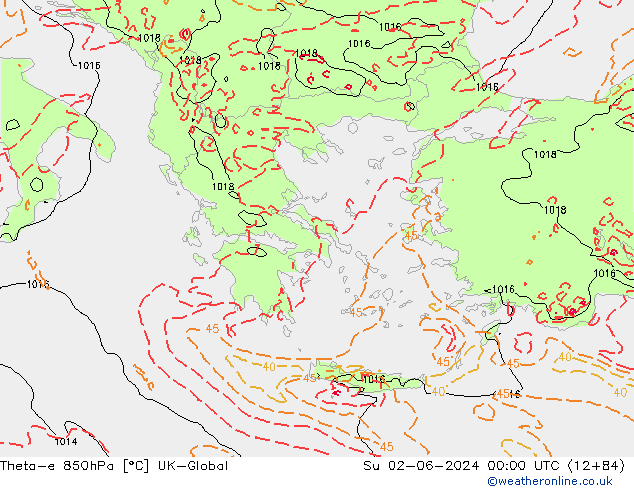 Theta-e 850hPa UK-Global Su 02.06.2024 00 UTC