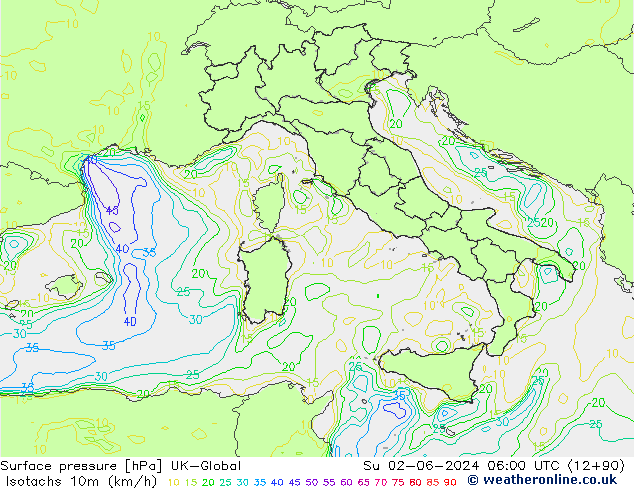 Isotachs (kph) UK-Global Su 02.06.2024 06 UTC