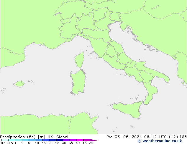 Precipitazione (6h) UK-Global mer 05.06.2024 12 UTC