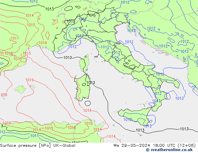 Pressione al suolo UK-Global mer 29.05.2024 18 UTC