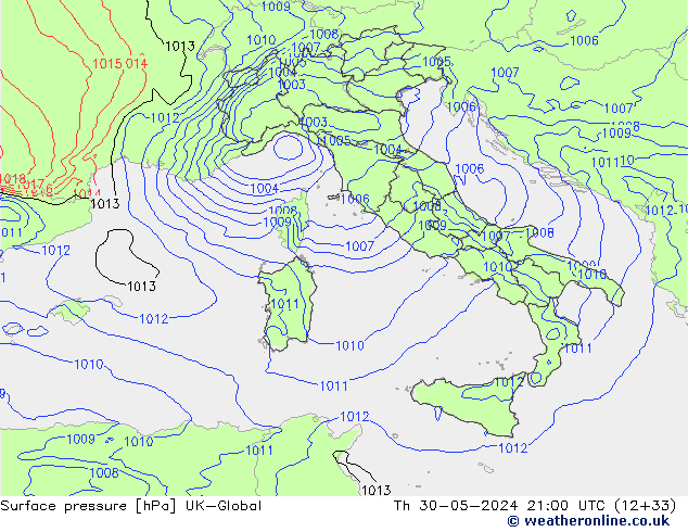 Surface pressure UK-Global Th 30.05.2024 21 UTC