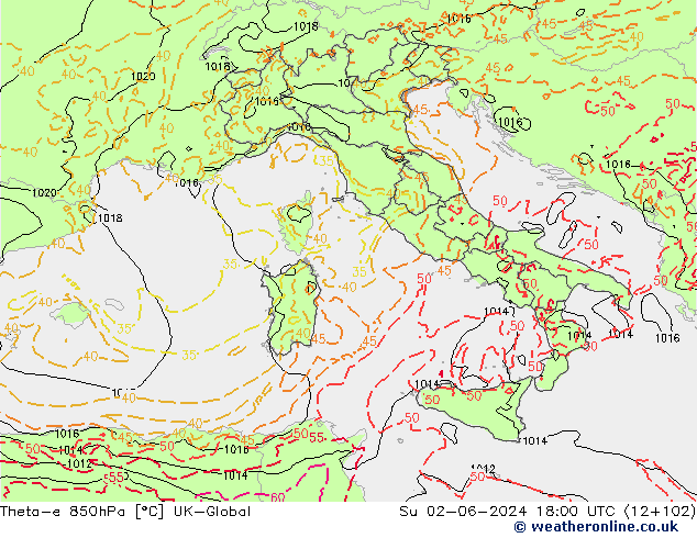 Theta-e 850hPa UK-Global  02.06.2024 18 UTC