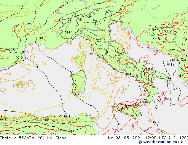 Theta-e 850hPa UK-Global ma 03.06.2024 12 UTC