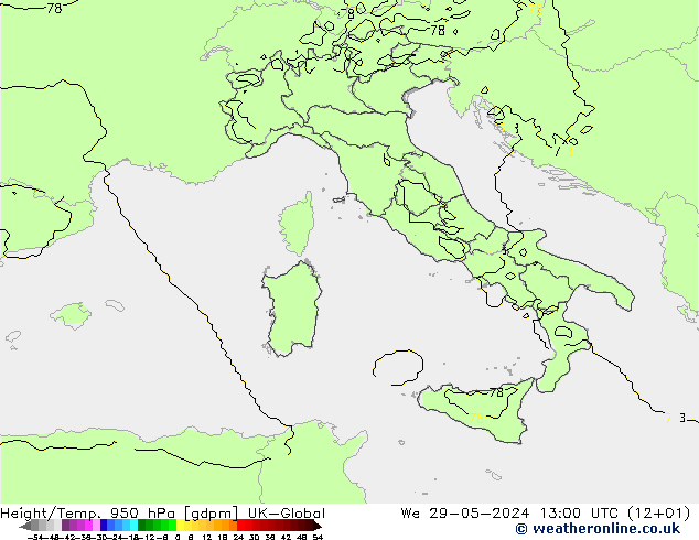 Yükseklik/Sıc. 950 hPa UK-Global Çar 29.05.2024 13 UTC