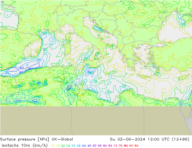 Isotachs (kph) UK-Global Ne 02.06.2024 12 UTC