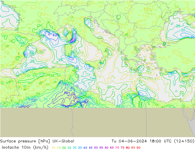 Isotachs (kph) UK-Global вт 04.06.2024 18 UTC